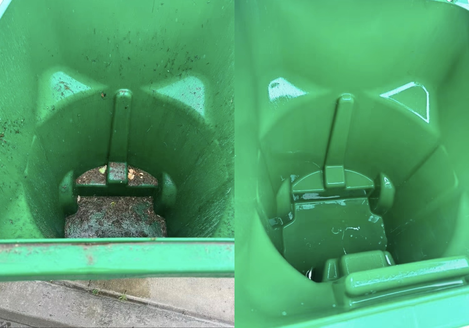 Second before and after comparison of a cleaned residential trash bin