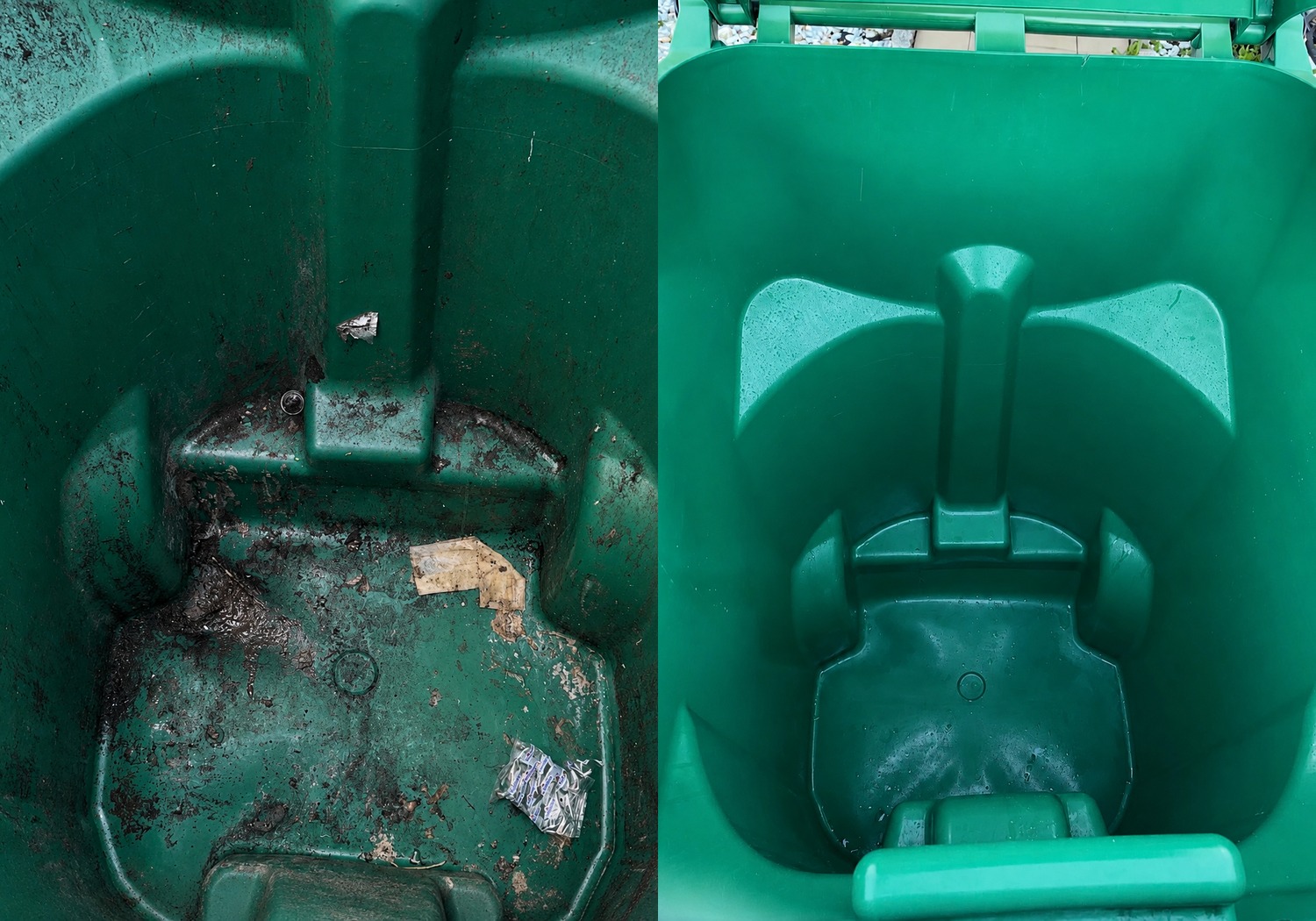Before and after comparison of another residential trash bin cleaning